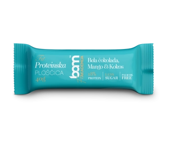 Proteinska ploščica s sladilom, Bela čokolada, mango in kokos